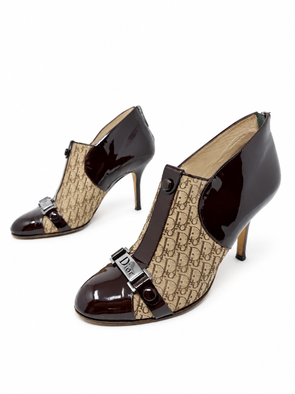 Vintage Dior Monogram Canvas Patent Leather Ankle Bootie Heels EU 39